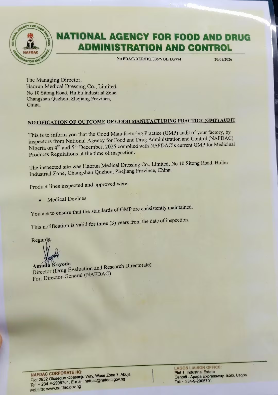 Faigheann Táirgí Leighis Haorun Deimhniú Clárúcháin NAFDAC go hoifigiúil sa Nigéir